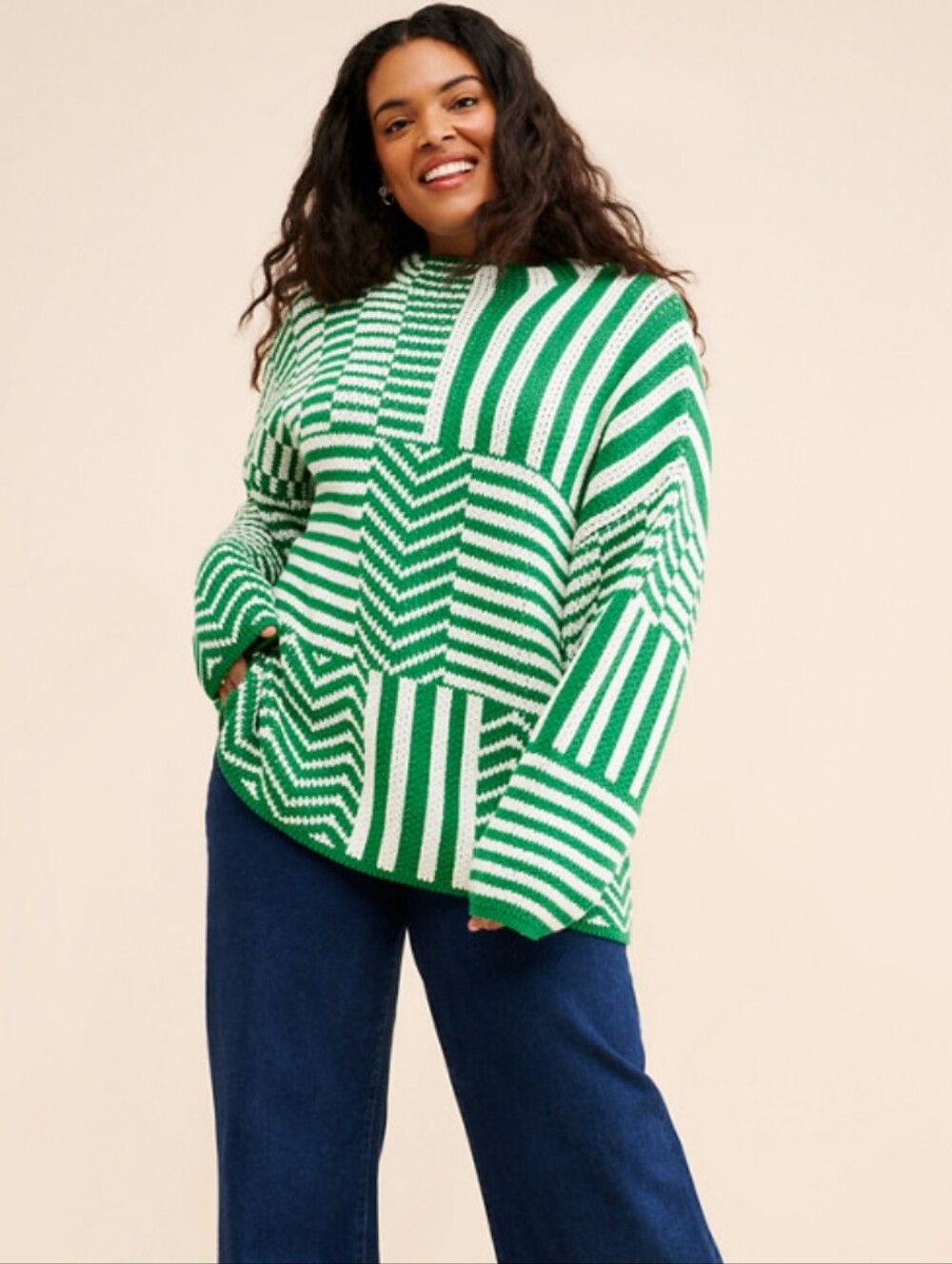 Callahan Liv Mock Neck Sweater Green & White Size 2X